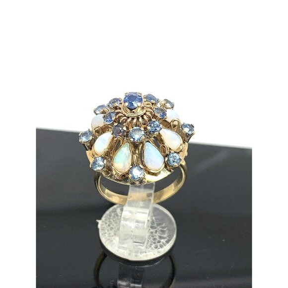 Blue Sapphire White Opal Cocktail Women's Ring 14k Yellow Gold Estate Size 5.5 - Picture 1 of 16
